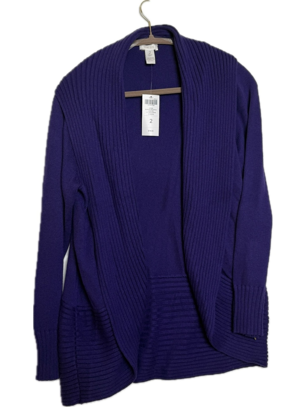 NWT Chico’s Roxanne Rib Cocoon Sweater Size 2 L Purple Cotton Cardigan